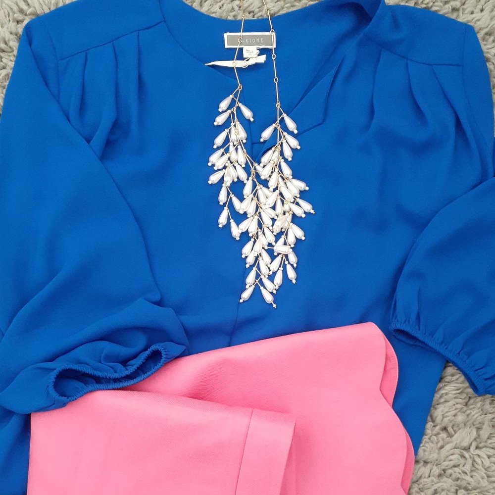 PLEIONE Bright Blue Blouse 3/4" Sleeve NWOT